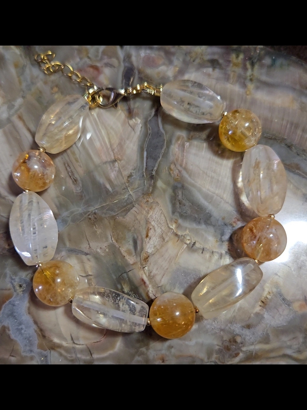 Artisan Citrine and Gold Rutilated Quartz Beaded Bracelet With Gold Tone Accents